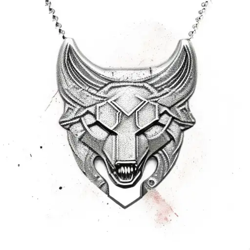 mjolnir hammer on a necklace with wolf heads and color tattoo design idea