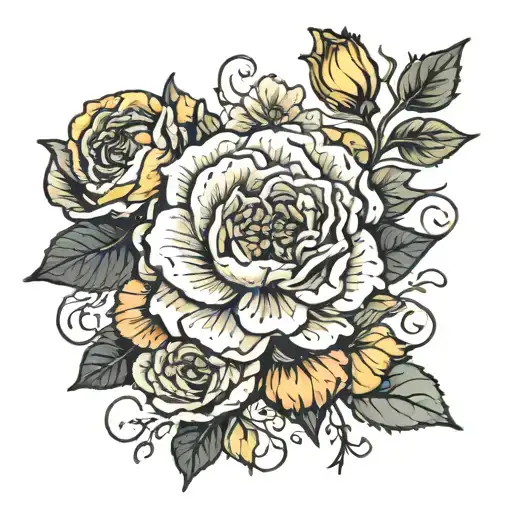 Rose, Marigold, water lilly, Poppy, carnation, Narcissus  tattoo design idea