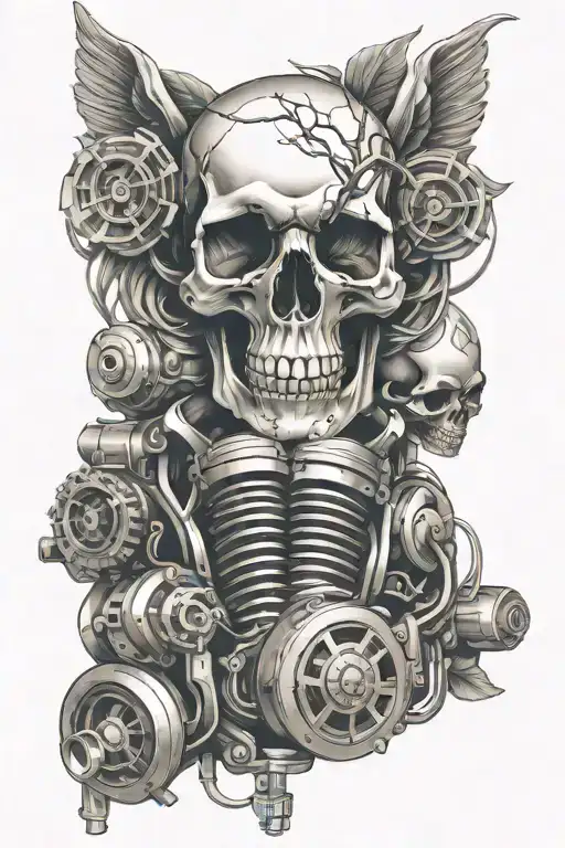 skull and motor parts intertwined hearts tattoo design idea