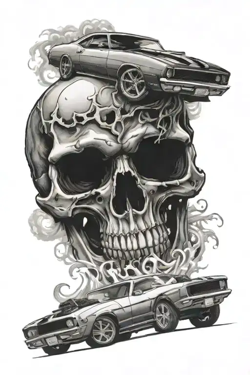 skull and camaro doing a burnout tattoo design idea