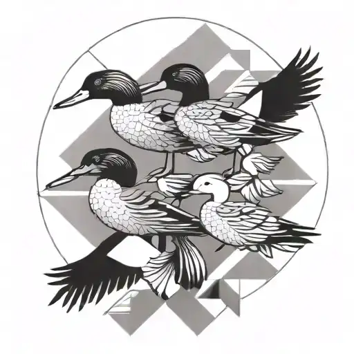 A black and grey geometric design incorporating ducks and geese tattoo design idea