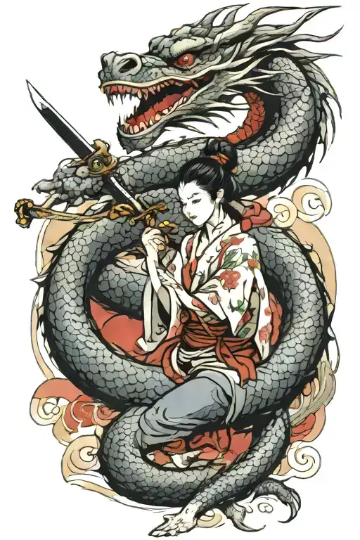 a dragon with a woman holding a sword tattoo design idea