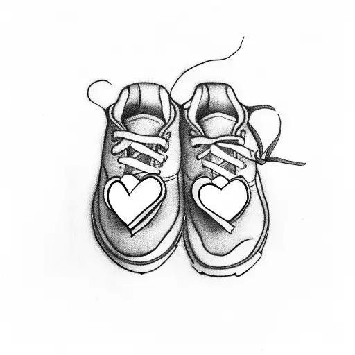A minimalist design of two running shoes tied together with a small heart symbolizing the bond between a parent and child tattoo design idea