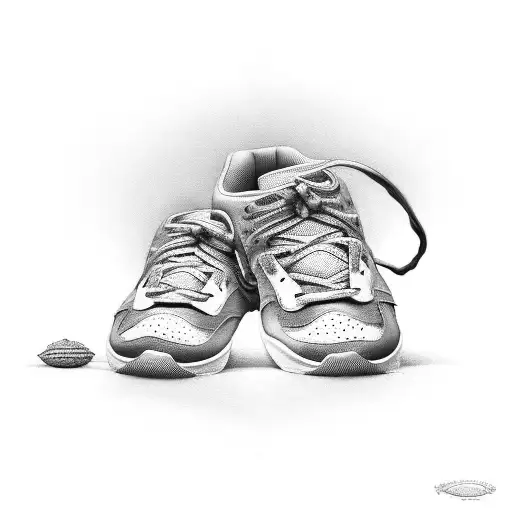 running shoes hanging by laces on hookhang, dramatic light, soft, moody tattoo design idea