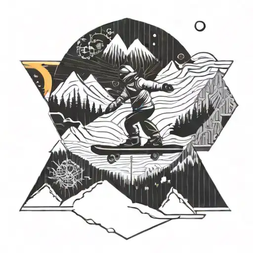 snowboarding, mountains, sun, yoga tattoo design idea