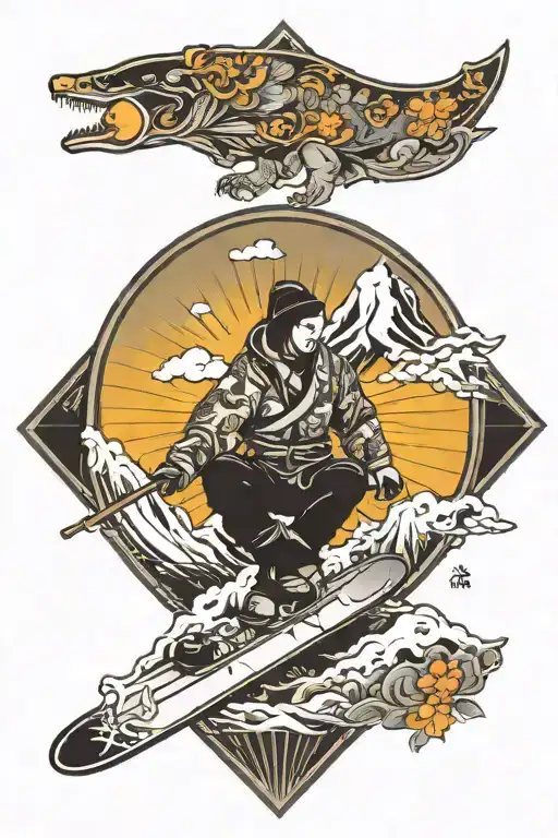 snowboarding, mountains, sun, yoga tattoo design idea