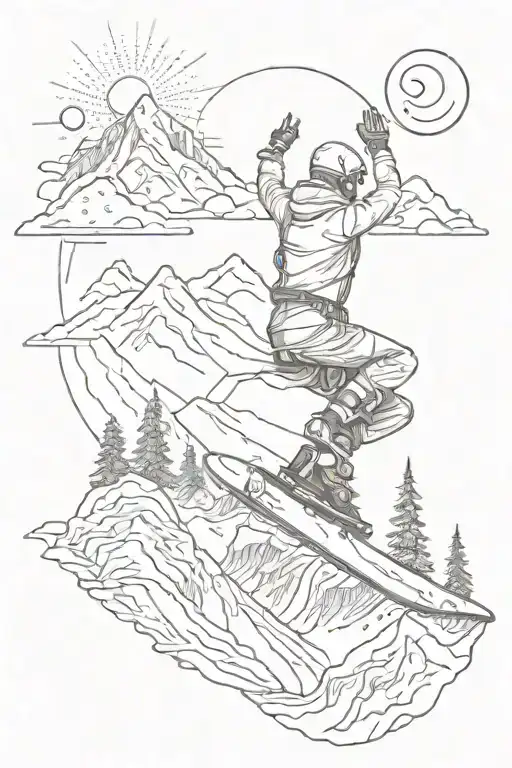 snowboarding, mountains, sun, yoga tattoo design idea