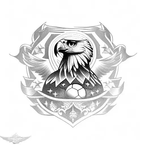 A majestic eagle perched on a bowling ball with a fleur-de-lis design in the background tattoo design idea