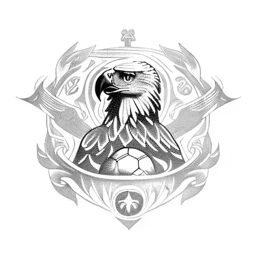 A majestic eagle perched on a bowling ball with a fleur-de-lis design in the background tattoo design idea