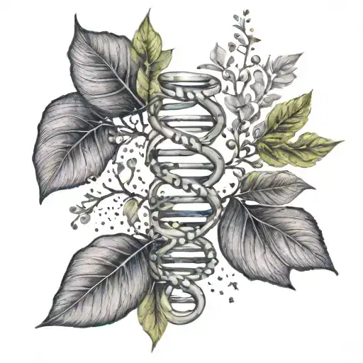 An intricate tattoo of a DNA double helix intertwined with branches and leaves, symbolizing the connection between nature and science tattoo design idea