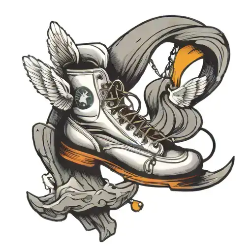 flying shoe with rock climber hanging off the wings tattoo design idea