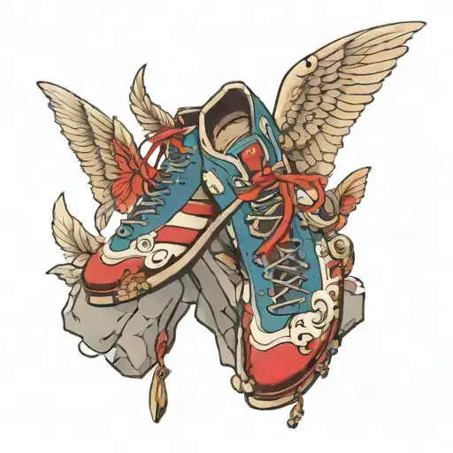 flying shoe with rock climber hanging off the wings tattoo design idea