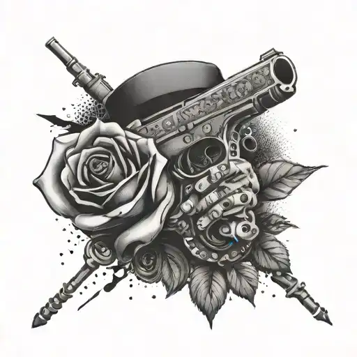 A dotwork tattoo of a mysterious figure holding a rose and a gun, representing the secrecy of the mafia world tattoo design idea