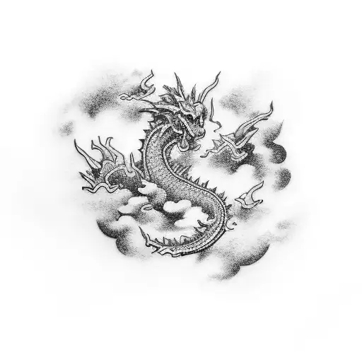 Dot art half sleeve tattoo japanese clouds with dark blue japanese dragon and fade tattoo design idea