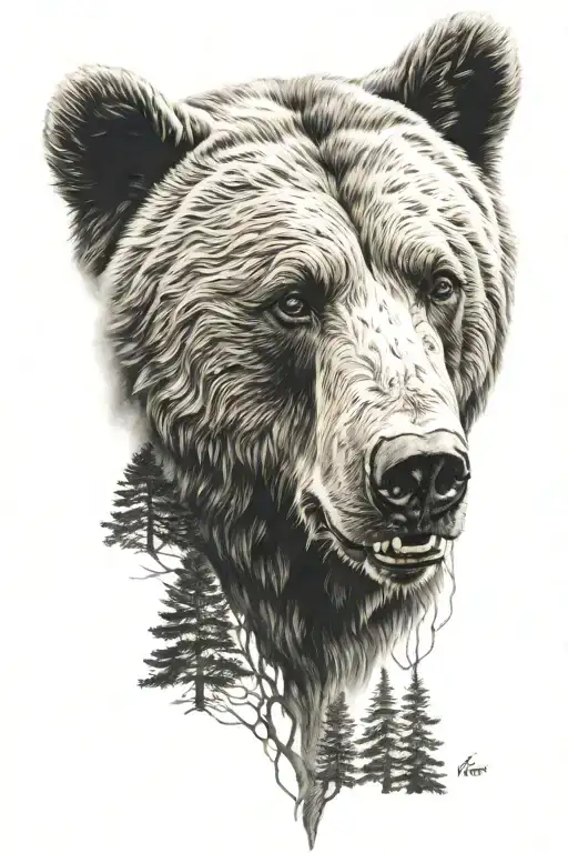 bear face and wooded landscape tattoo design idea