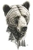 bear face and wooded landscape tattoo design idea