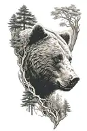 bear face and wooded landscape tattoo design idea