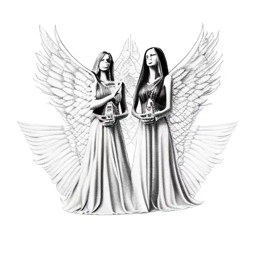 angel woman and demon woman with a gibson les paul guitar in the middle tattoo design idea