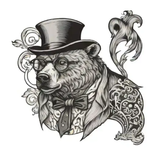 formal bear with a monocle and top hat and a reef  and glasses front profile  tattoo design idea