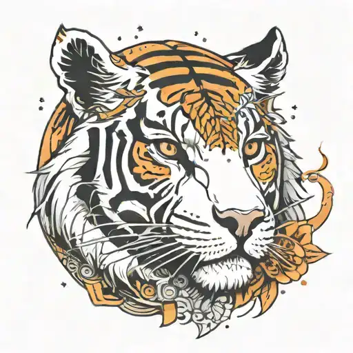 The celestial tiger byakko in a starry sky with a cyberpunk asiatic womans face on the other half,   tattoo design idea