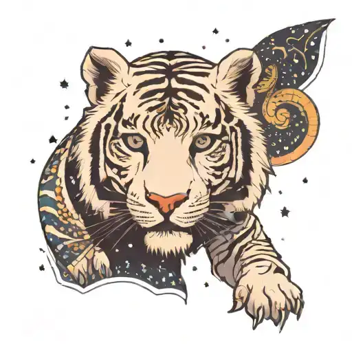 The celestial white tiger byakko in a starry sky with a cyberpunk asiatic womans face on the other half,   tattoo design idea