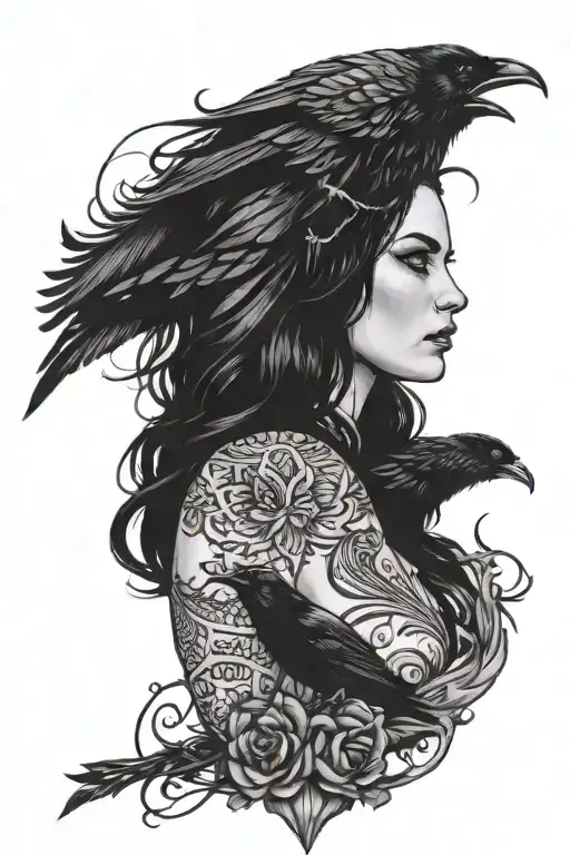 yennefer from the witcher with purple eyes and a black crow around tattoo design idea