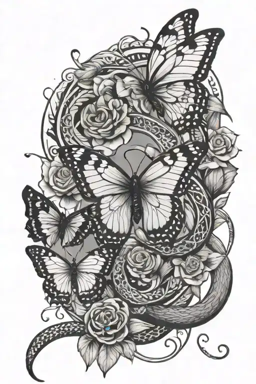 butterflies and snake on the right forearm tattoo design idea