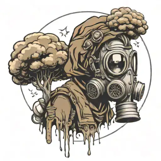 A stalker in a gas mask with a Nuclear mushroom from his head tattoo design idea