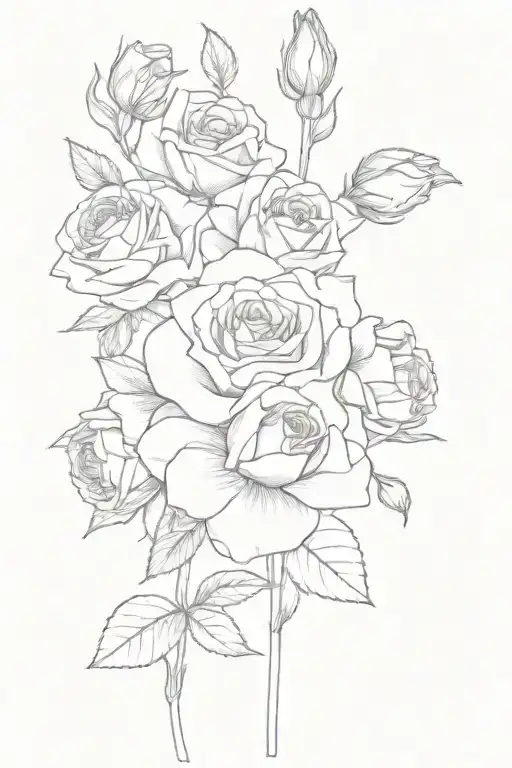fine line bouqet of flowers inclduing a rose, sweet pea, daisy, narcissus, carnation, aster, and a rose vertical tattoo design idea