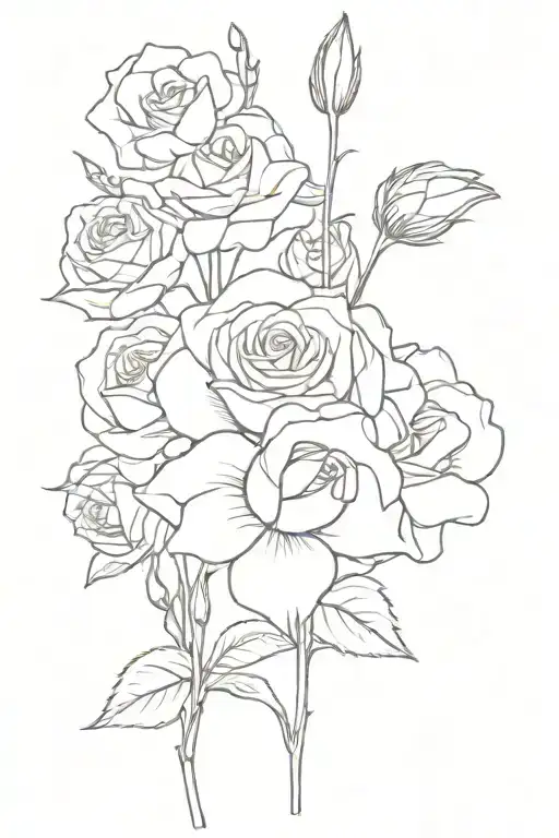 fine line bouqet of flowers inclduing a rose, sweet pea, daisy, narcissus, carnation, aster, and a rose vertical tattoo design idea
