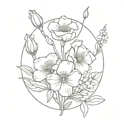 flower bouquet fine line with a carnation, sweet pea, rose, aster, narcissus,  tattoo design idea