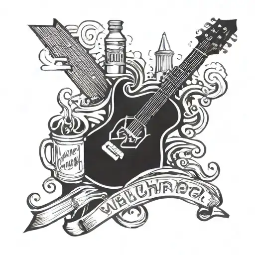 a logo that says ''VLUCHTHEUVEL''. add an old volvo 740, a couple of beers, cigarettes and a broken electric guitar. tattoo design idea