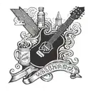 a logo that says ''VLUCHTHEUVEL''. add an old volvo 740, a couple of beers, cigarettes and a broken electric guitar. tattoo design idea