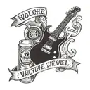 a logo that says ''VLUCHTHEUVEL''. add an old volvo 740, a couple of beers, cigarettes and a broken electric guitar. tattoo design idea