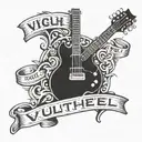 a logo that says ''VLUCHTHEUVEL''. add an old volvo 740, a couple of beers, cigarettes and a broken electric guitar. tattoo design idea