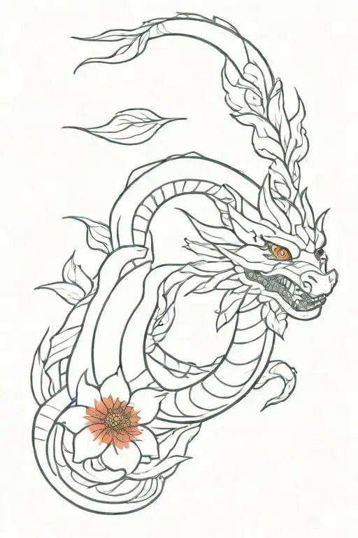fine line haku dragon from spirited away with red flowers tattoo design idea