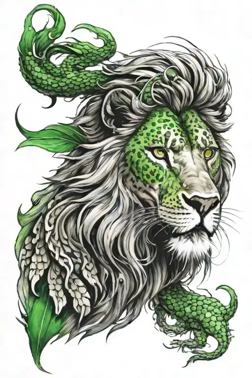 lion over dragon both with green eyes staring tattoo design idea