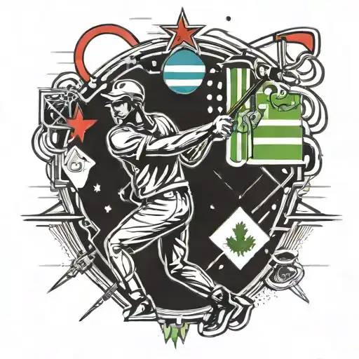 A tattoo of a golfer swinging a club with the American, Canadian, Swedish, Finnish, and Dutch flags incorporated into the design tattoo design idea