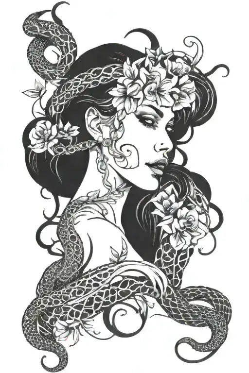 Beautiful woman with hair made of flowers next to a broken woman with hair made of snakes tattoo design idea