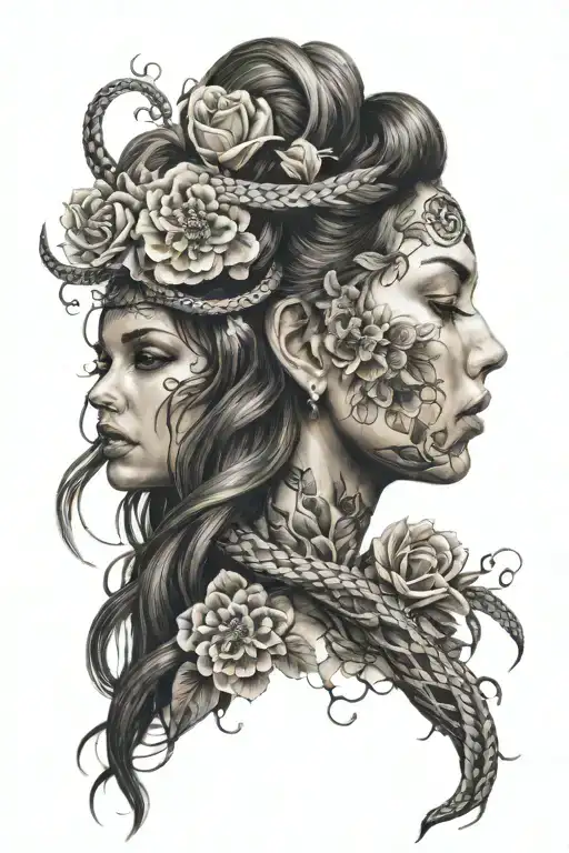 Beautiful woman with hair made of flowers next to a broken woman with hair made of snakes and both are facing towards  tattoo design idea