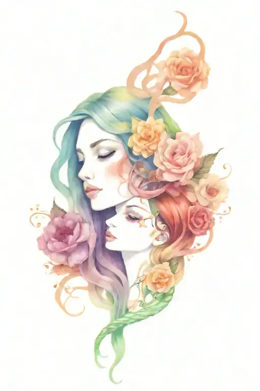 Beautiful woman with hair made of flowers next to a broken woman with hair made of snakes and both are facing towards  tattoo design idea