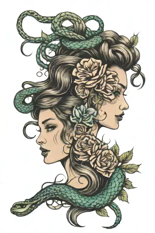 Beautiful woman with hair made of flowers next to a broken woman with hair made of snakes tattoo design idea