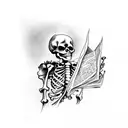 skeleton holding paper which is burnt by phoenix tattoo design idea