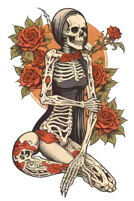 half skeleton woman full body  tattoo design idea