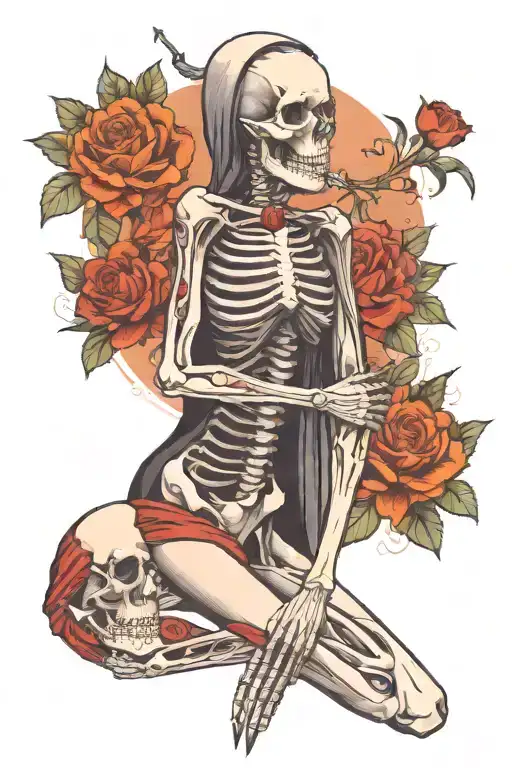 half skeleton woman full body  tattoo design idea