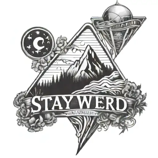 Full body tattoo featuring mountains and Asheville North Carolina landmarks and it says Stay Weird in graffiti  tattoo design idea