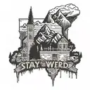 Full body tattoo featuring mountains and Asheville North Carolina landmarks and it says Stay Weird in graffiti  tattoo design idea