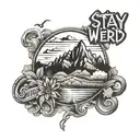 Full body tattoo featuring mountains and Asheville North Carolina landmarks and it says Stay Weird in graffiti  tattoo design idea