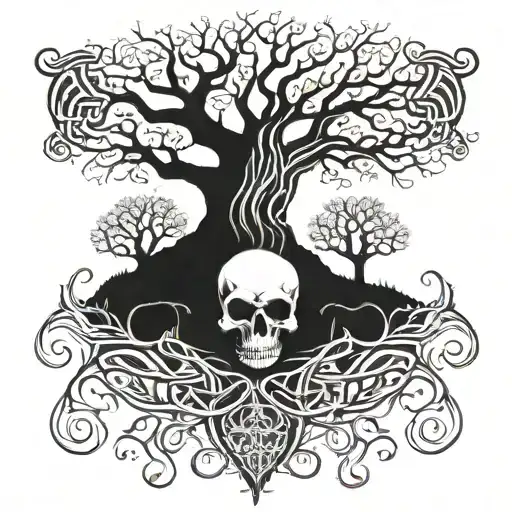 A Celtic cross morphing into a tree of life, with roots extending into a skull at the base tattoo design idea