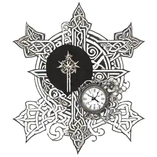 A Celtic cross intertwined with a clock face to symbolize the concept of Memento Mori tattoo design idea